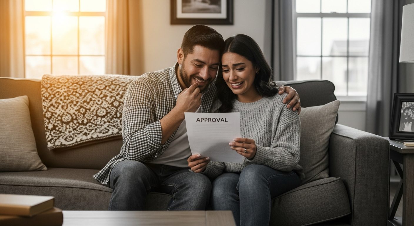 Pareja sonriente sentada en un sofá mirando un documento blanco con la palabra APPROVAL en una sala de estar