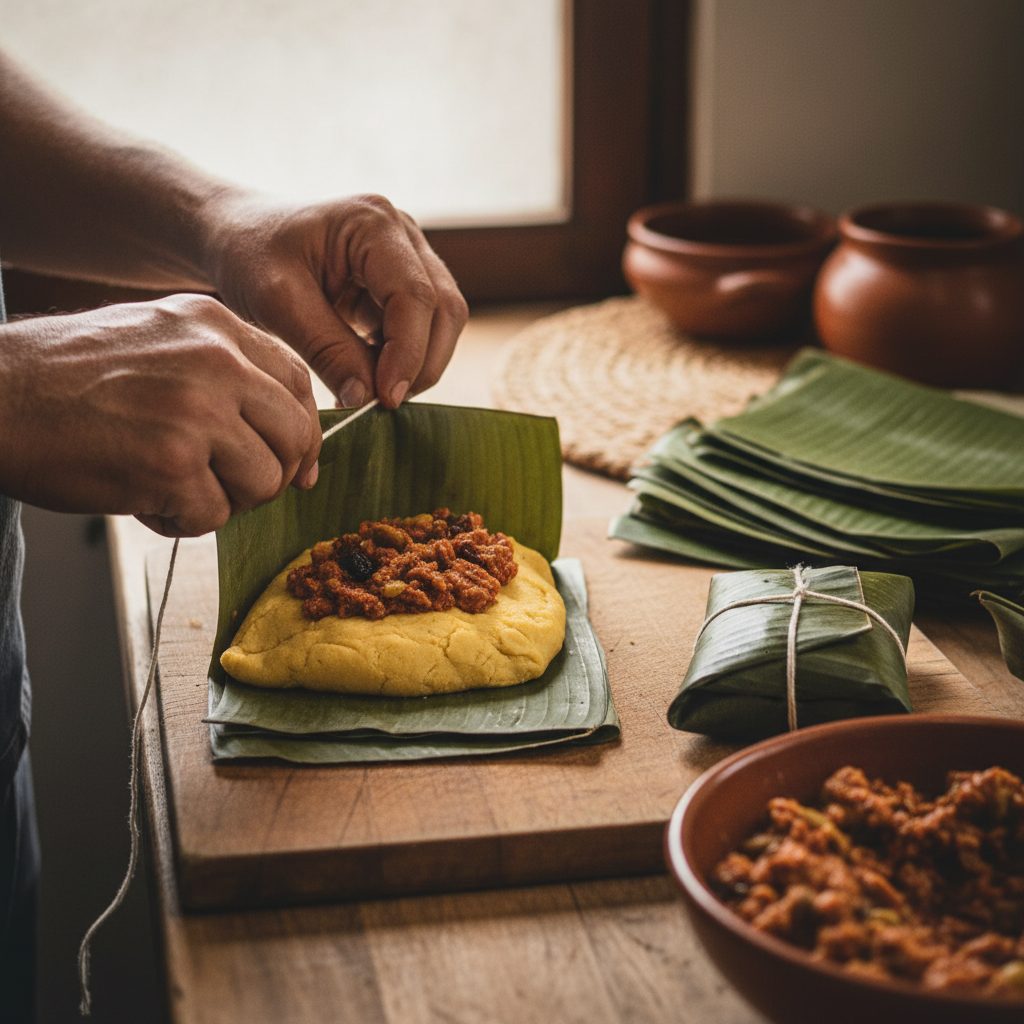 Envolviendo la hallaca en hoja de plátano