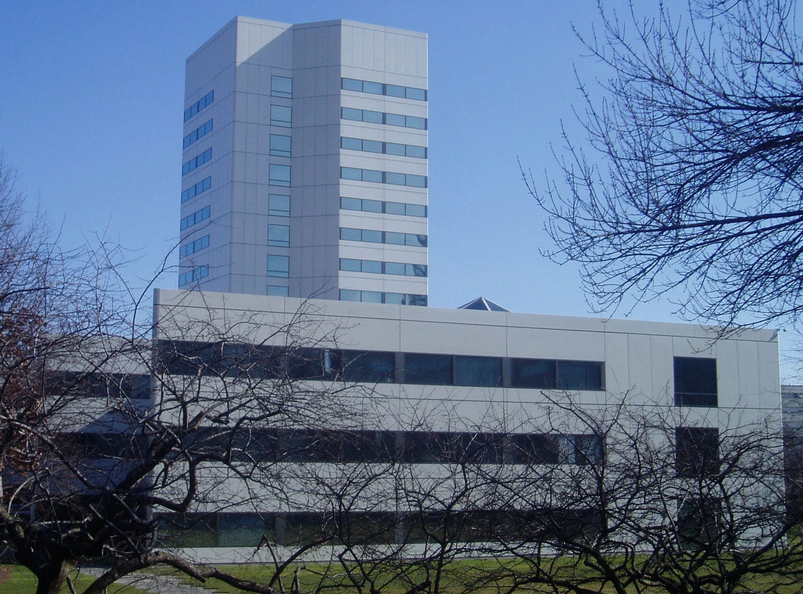 Edificio de oficinas moderno gris de varias alturas con filas de ventanas rectangulares bajo un cielo azul