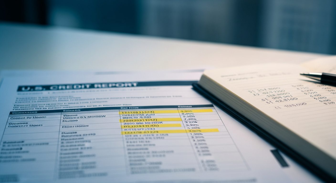 Informe de crédito estadounidense con tablas y porcentajes sobre una mesa, junto a un cuaderno