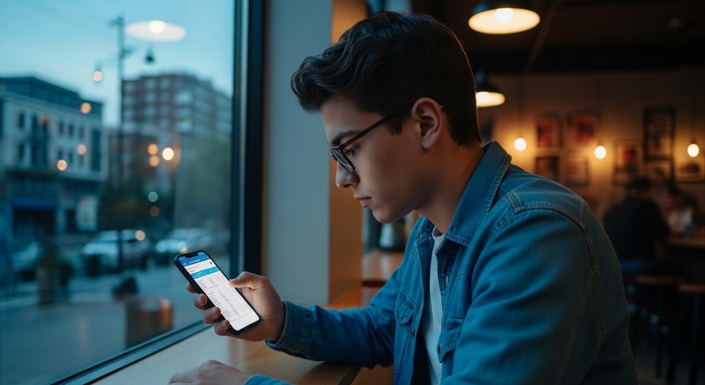 Joven con gafas sentado en una cafetería junto a la ventana, absorto mirando su teléfono móvil