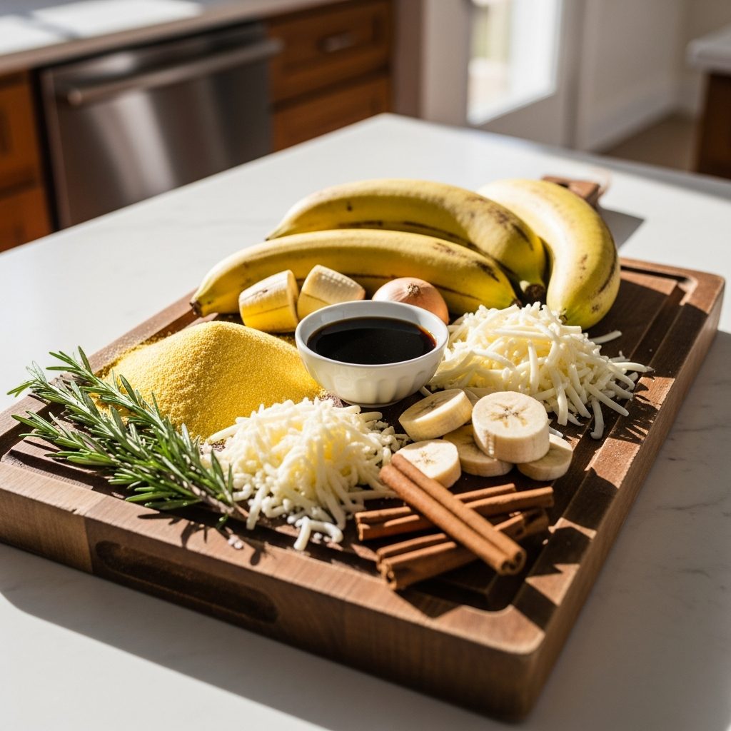 Plátanos, harina de maíz, queso rallado, romero y canela dispuestos sobre una tabla de madera en una cocina luminosa