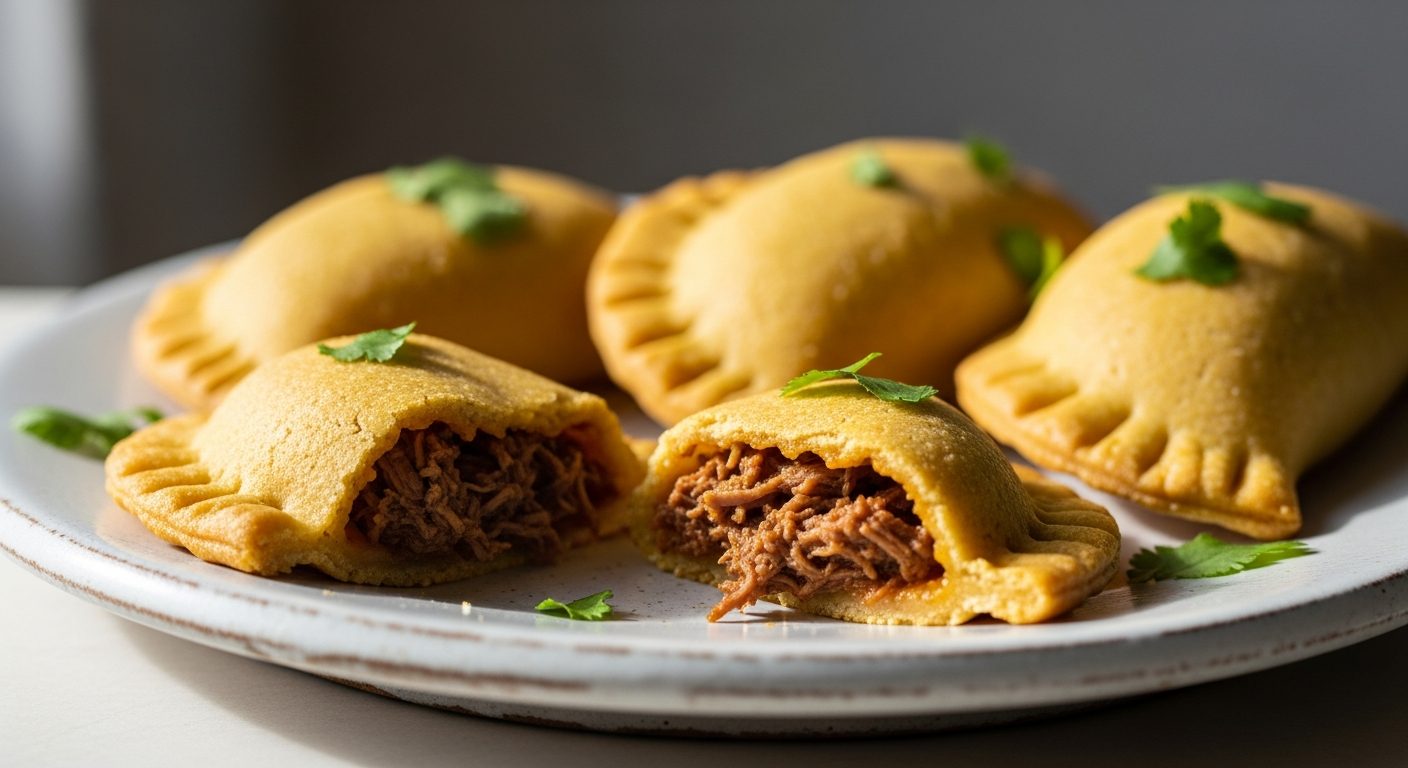 Varias empanadas de masa amarilla en un plato blanco, dos abiertas mostrando el relleno de carne deshebrada, adornadas con hojas de cilantro
