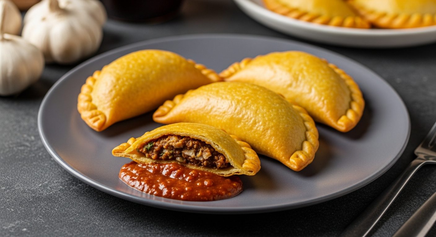 Cuatro empanadas doradas en un plato gris, una partida por la mitad mostrando el relleno de carne sobre salsa roja, con ajos al fondo