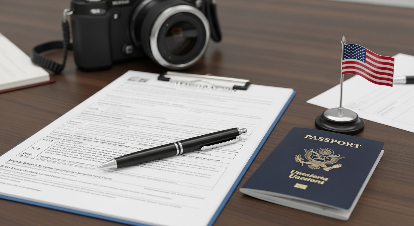 Un pasaporte azul con la bandera de Estados Unidos, un formulario y una cámara dispuestos sobre una mesa de madera
