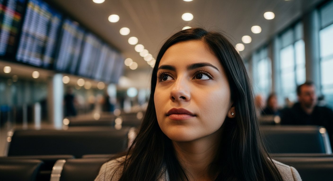 Una joven con pelo oscuro y chaqueta beige mira hacia arriba en una sala de espera de aeropuerto, con pantallas de información al fondo
