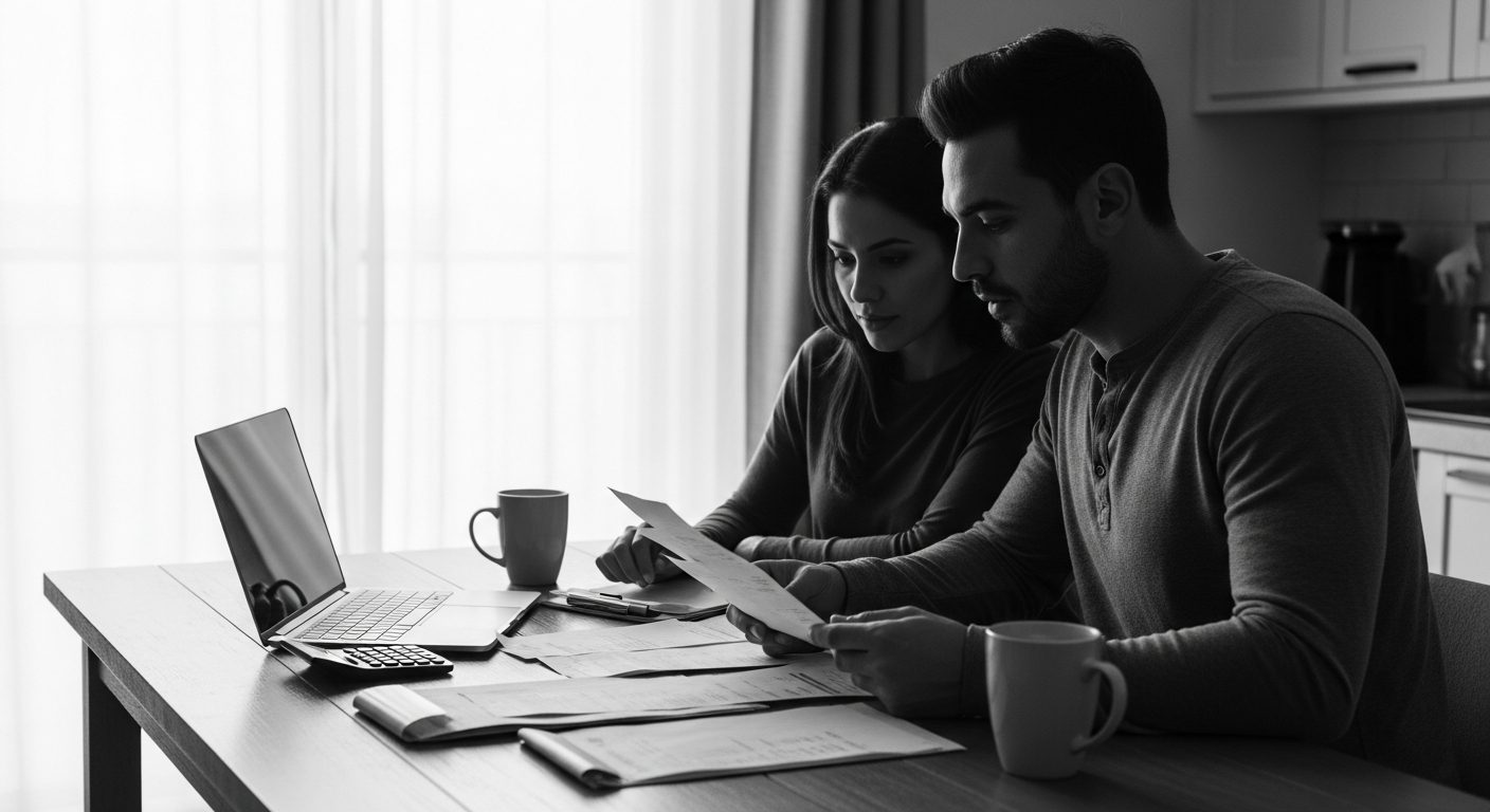 Pareja en blanco y negro revisando documentos en una mesa de madera con un portátil y tazas