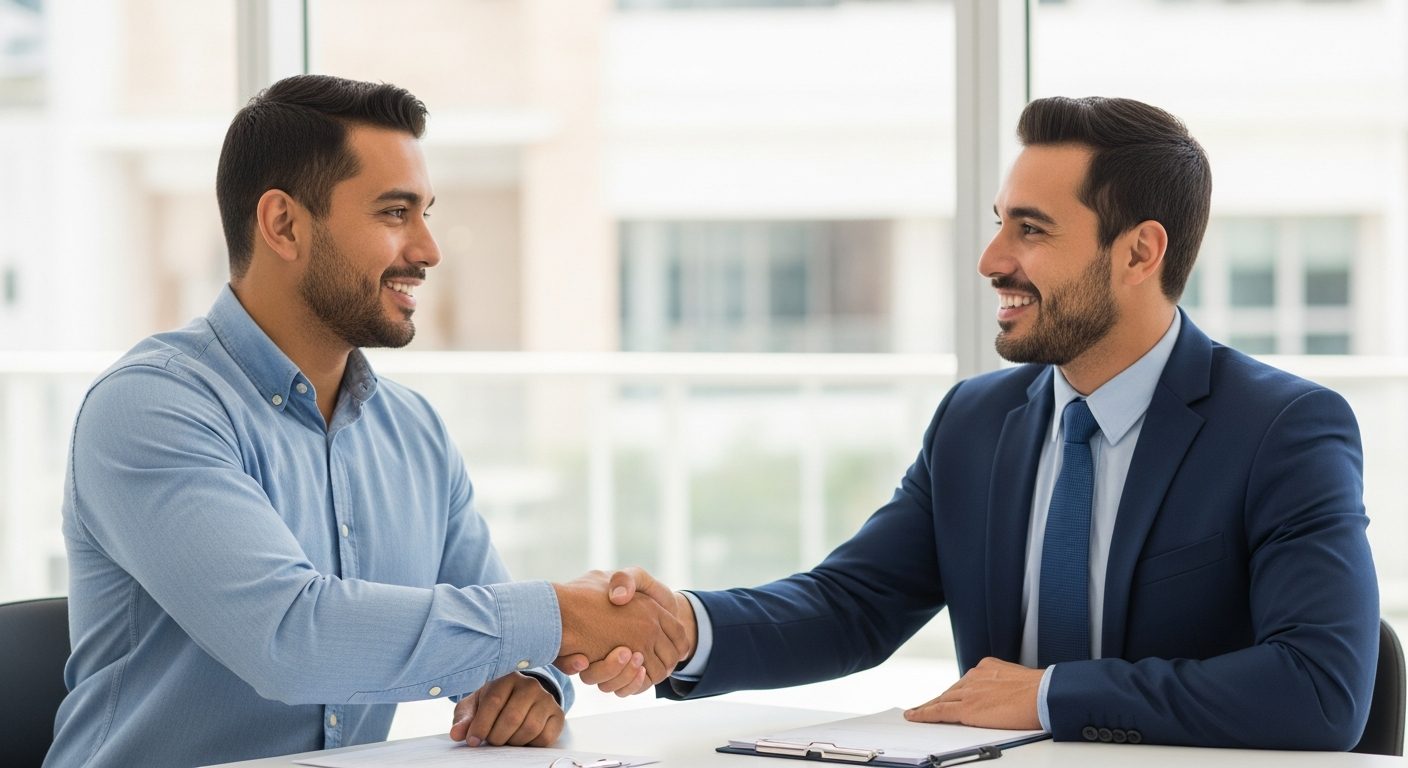 Dos hombres sonrientes con ropa de negocios se dan la mano sobre una mesa en una oficina luminosa
