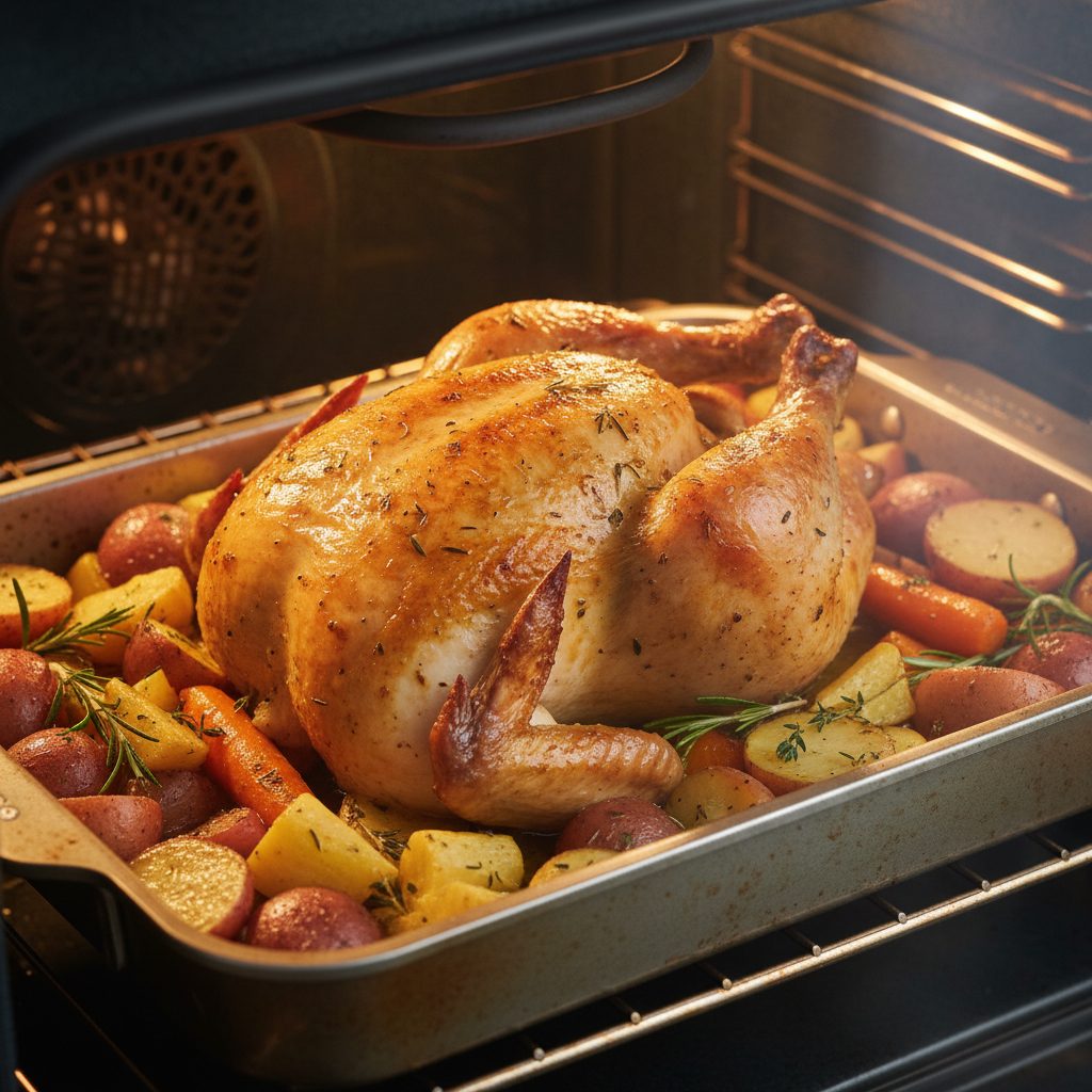 Pollo al horno dorándose con verduras