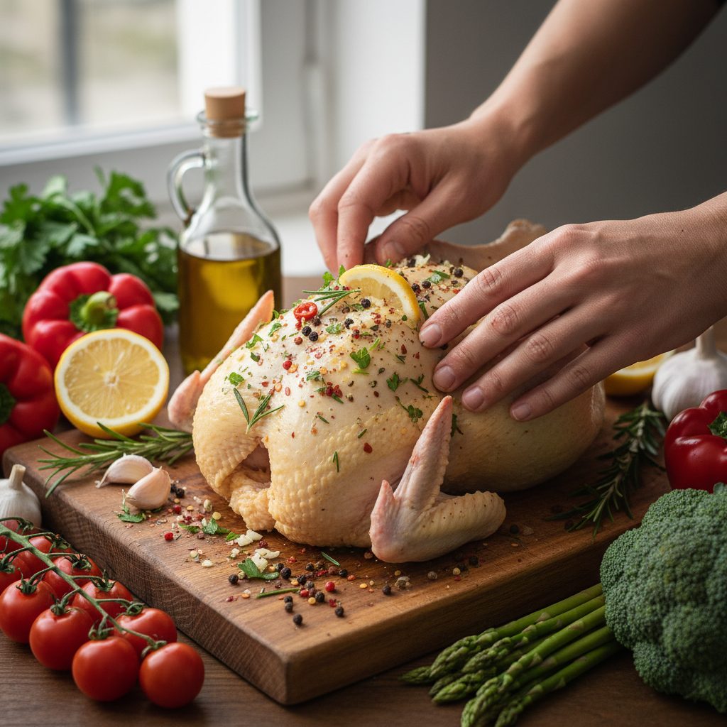 Sazonando el pollo con hierbas y limón