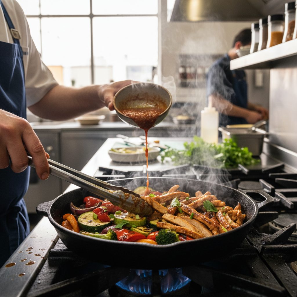 Chef vertiendo salsa sobre pollo y verduras en una sartén de hierro fundido sobre un fogón de gas