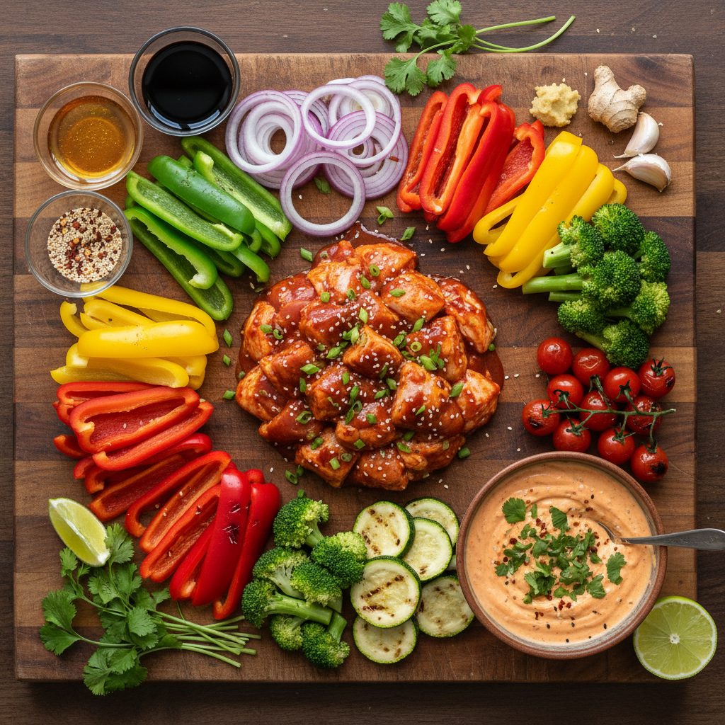Ingredientes frescos como pimientos, cebolla, brócoli y pollo troceado con salsa sobre una tabla de madera
