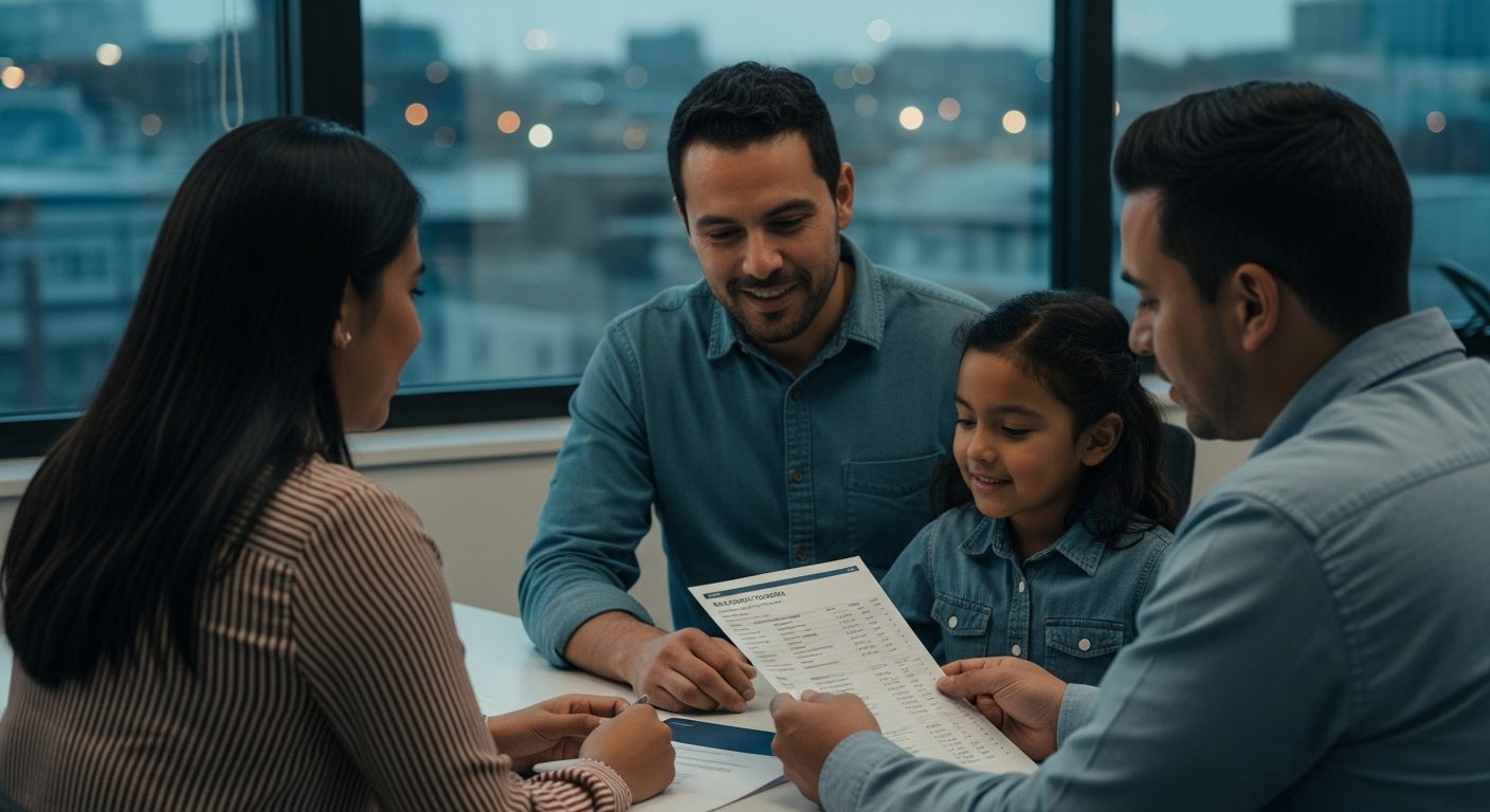 Familia de tres personas sonríe mientras revisa un documento juntos en una oficina de trámites.