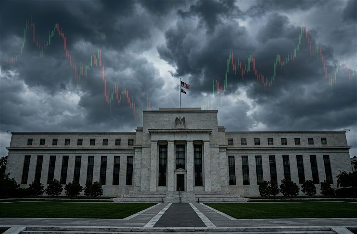 Edificio de la Reserva Federal bajo un cielo oscuro con nubes de tormenta, y gráficos financieros de velas japonesas superpuestos