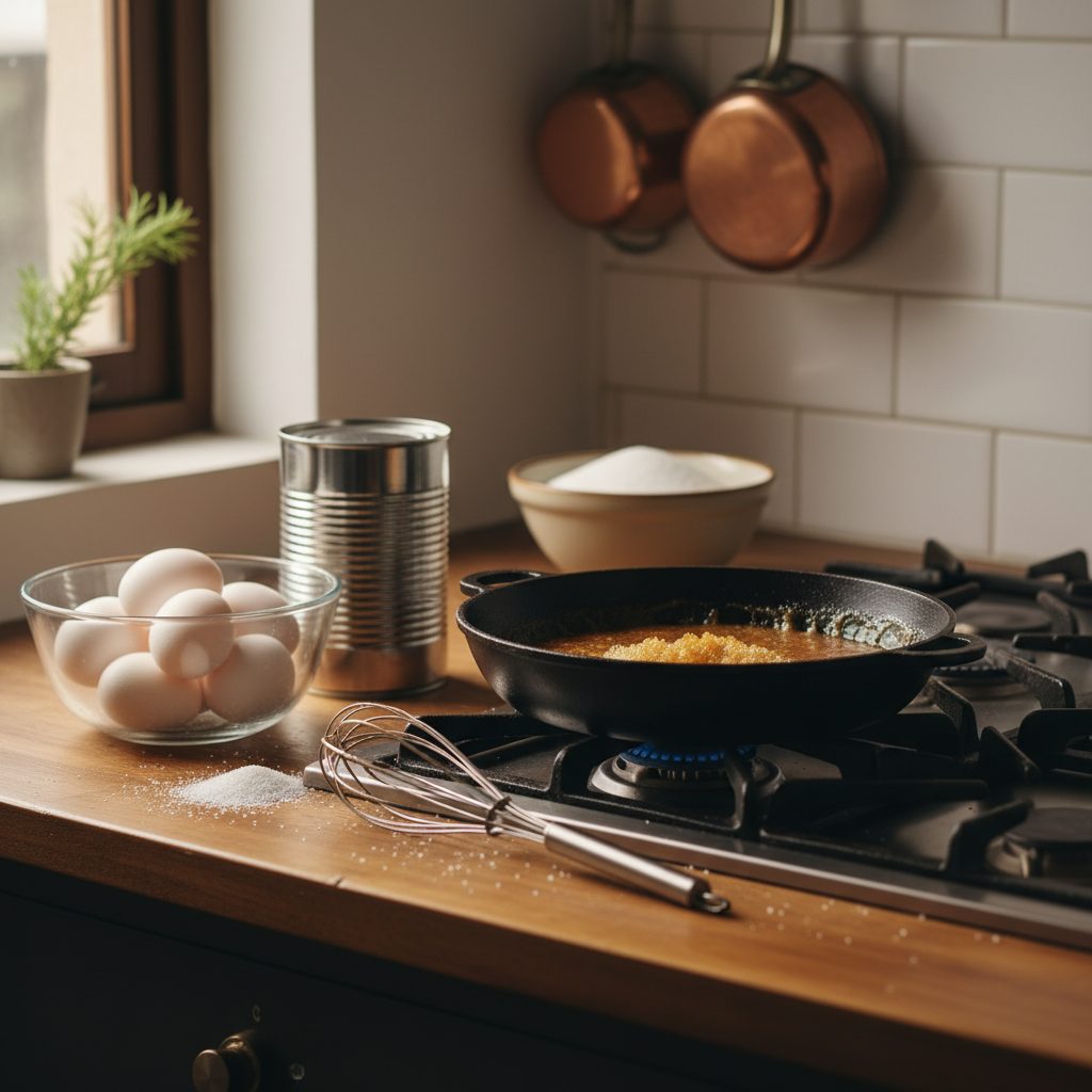 Huevos, una lata, azúcar y un batidor sobre una encimera de madera, con una sartén en la estufa cocinando algo