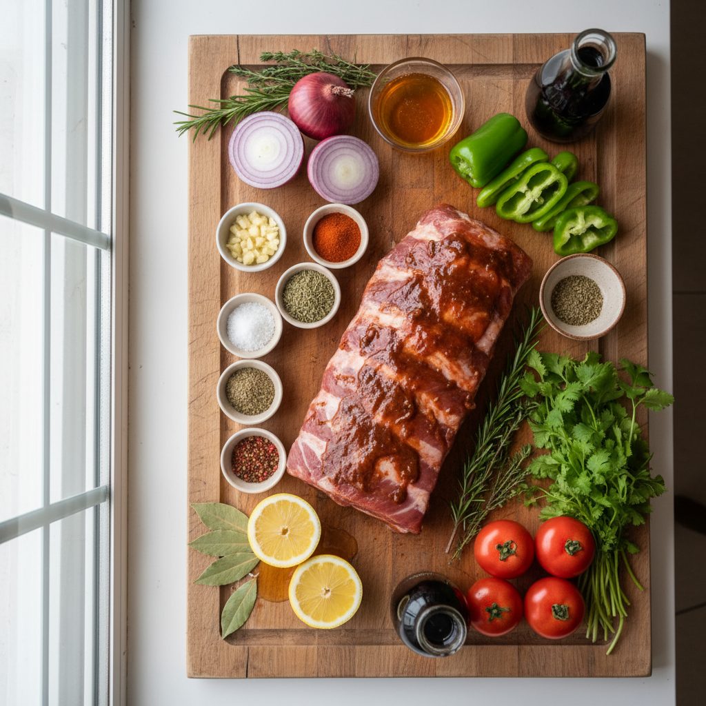 Costillar de cerdo marinado con especias, hierbas, verduras y limones dispuesto sobre una tabla de madera