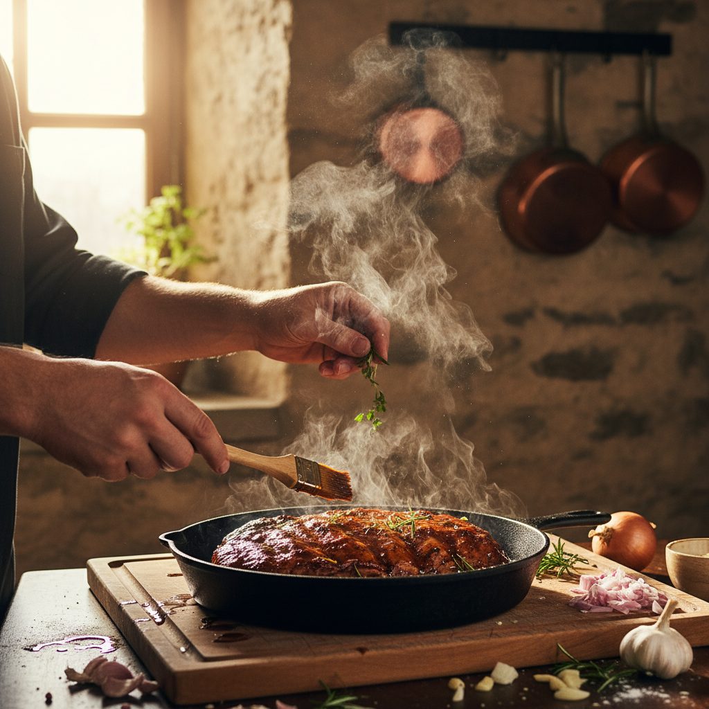 Manos cocinando costillas marinadas en una sartén de hierro añadiendo hierbas, con vapor en una cocina rústica
