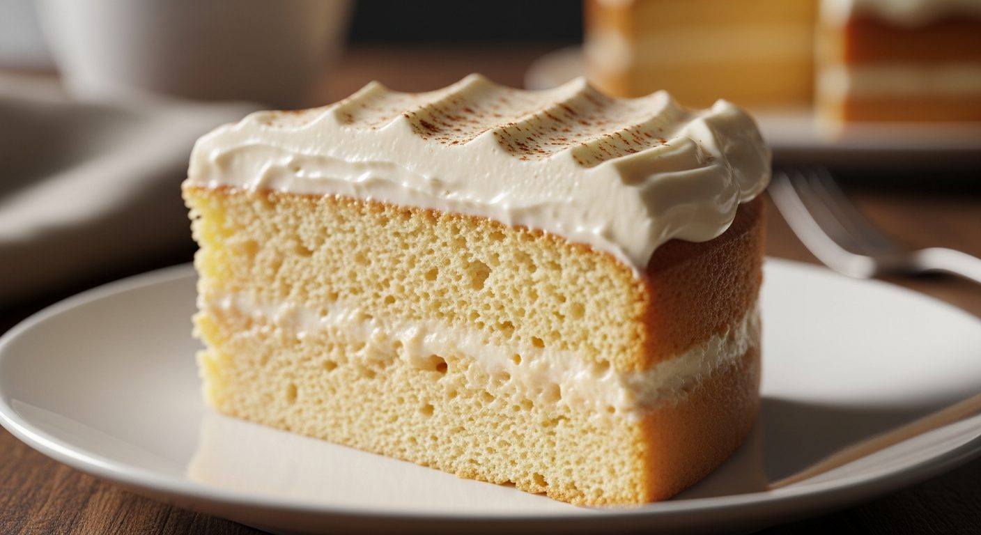 Una porción de pastel esponjoso con glaseado blanco rizado y un poco de canela espolvoreada, servida en un plato blanco