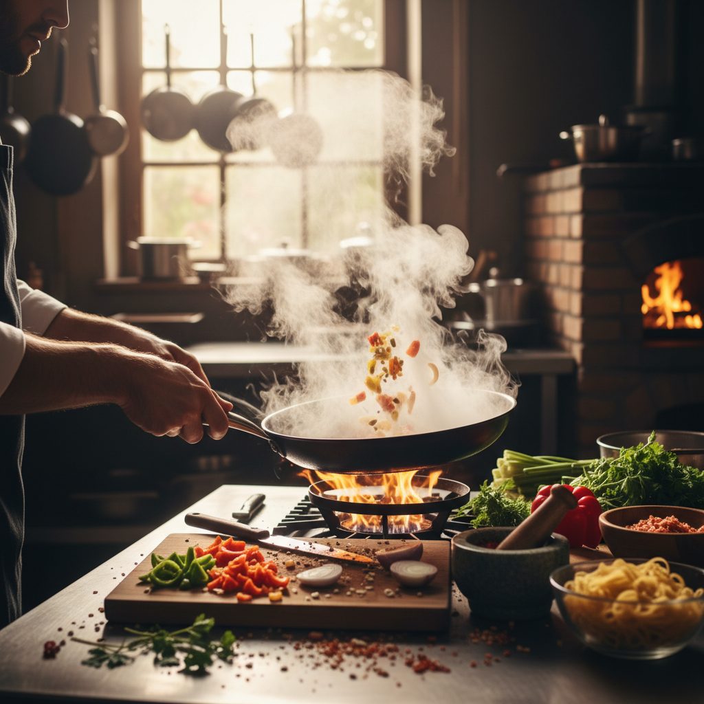 Un chef lanza verduras en una sartén sobre una estufa de gas en una cocina rústica con un horno de leña al fondo