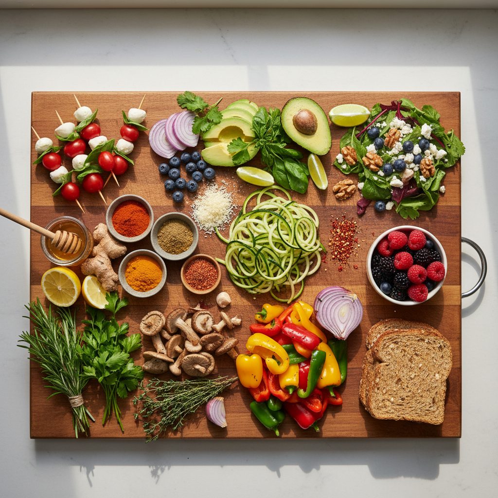 Tabla de cortar de madera llena de ingredientes frescos y coloridos como verduras, frutas, especias y hierbas aromáticas