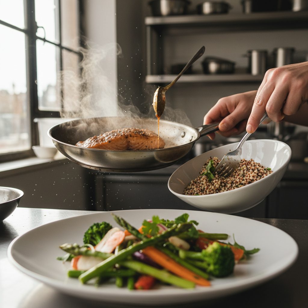 Manos de un chef sirviendo salmón y quinoa con vegetales en un plato dentro de una cocina profesional