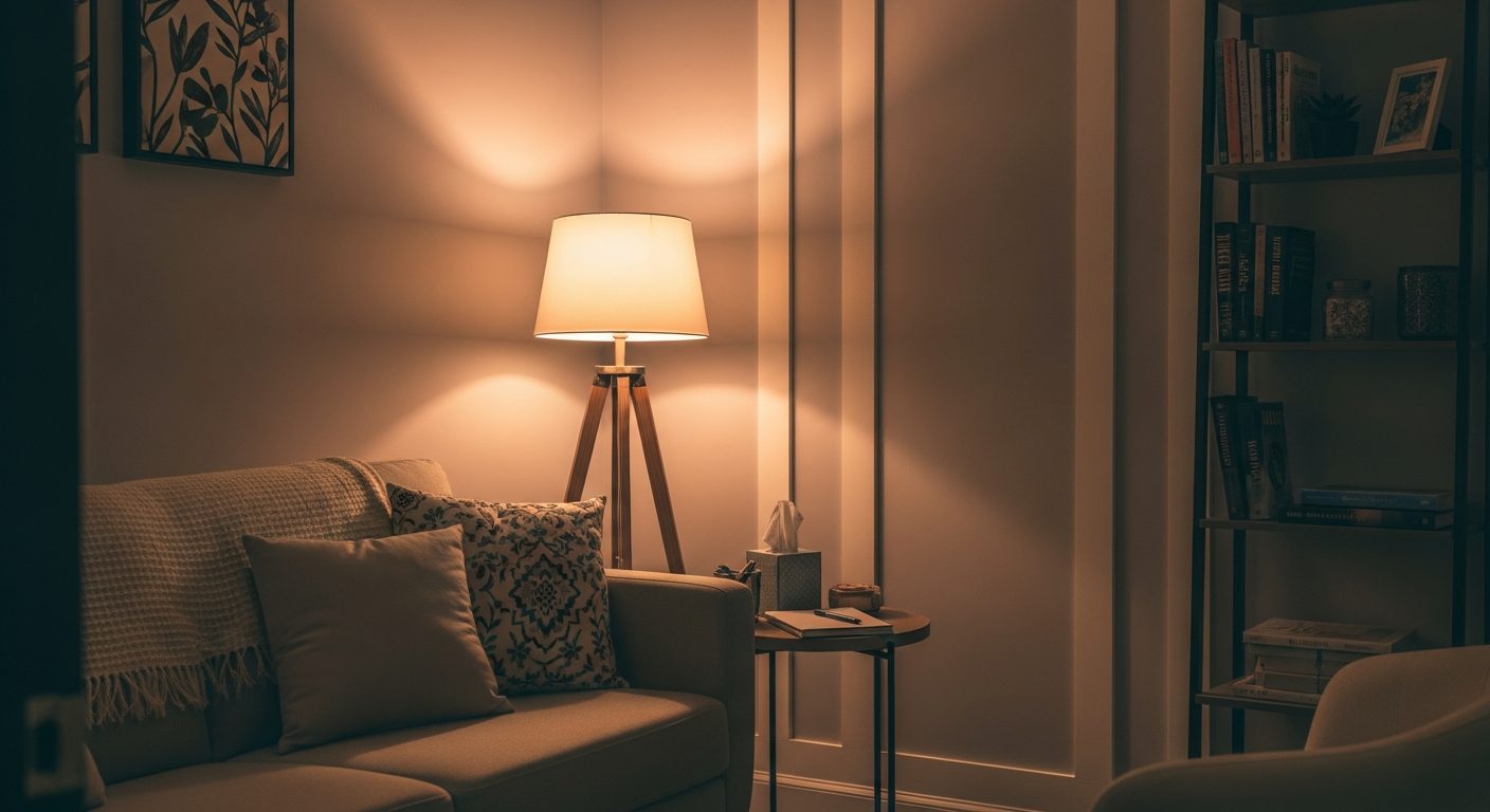 Un rincón acogedor de una sala con un sofá, una lámpara de pie encendida, una mesa auxiliar y una estantería al fondo