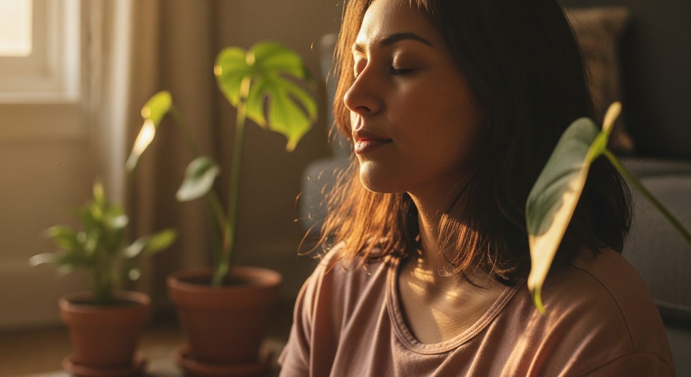 Una mujer con los ojos cerrados meditando bajo la luz del sol junto a plantas de interior