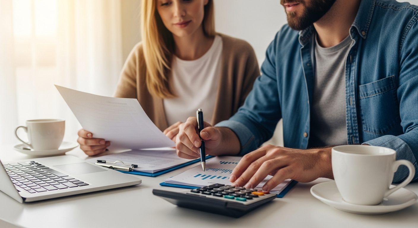 Dos personas, un hombre y una mujer, revisan documentos y realizan cálculos financieros en un escritorio claro