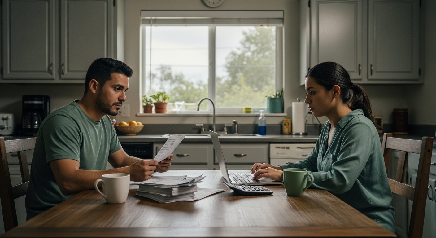 Hombre y mujer en una cocina revisando papeles y usando un portátil sentados en una mesa de madera