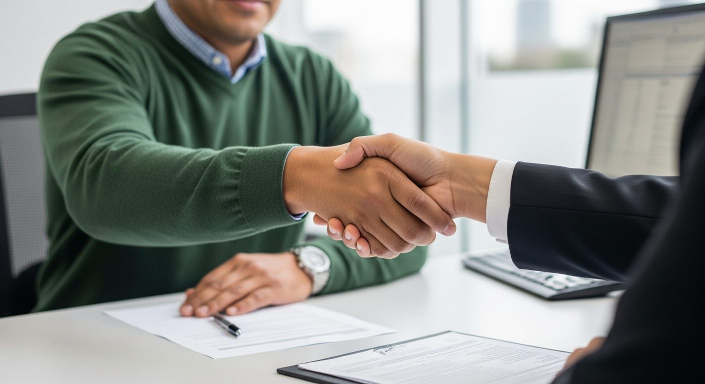 Primer plano de dos personas dándose la mano sobre un escritorio con documentos y un monitor de fondo