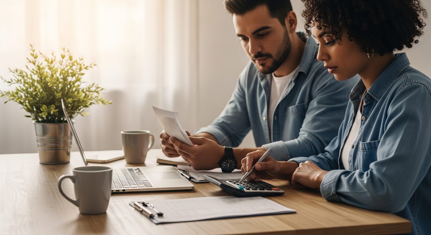 Pareja joven sentada en una mesa de madera, calculando finanzas con un portátil y una calculadora