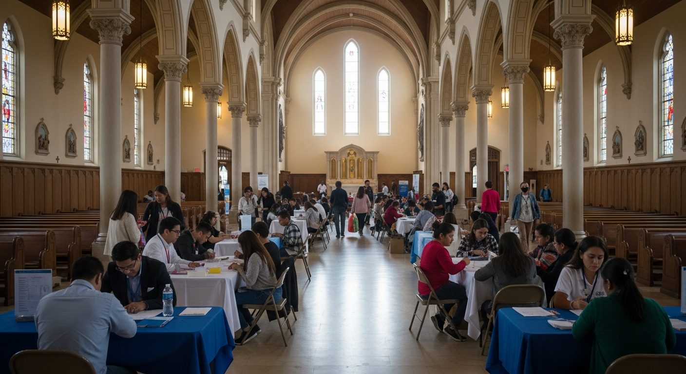 Jóvenes en mesas conversando y tomando notas en un gran salón con arquitectura de iglesia, columnas y bancos