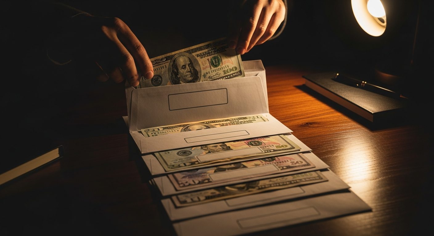 Manos insertan un billete de cien dólares en un sobre, junto a otros sobres con billetes de dólar en una mesa oscura