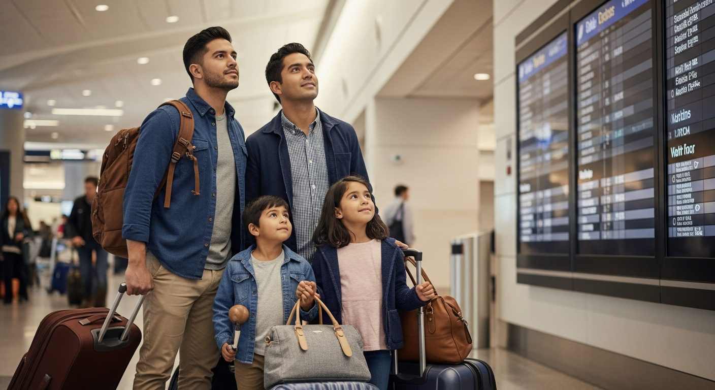 Una familia de dos adultos y dos niños con equipaje mira una pantalla de salidas en una concurrida terminal de aeropuerto