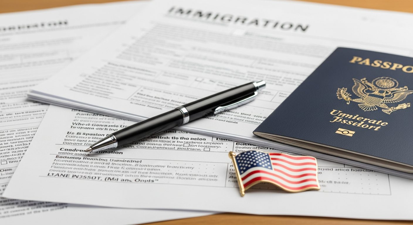 Un pasaporte de Estados Unidos, un bolígrafo y un pin de la bandera americana sobre formularios de inmigración con el texto IMMIGRATION