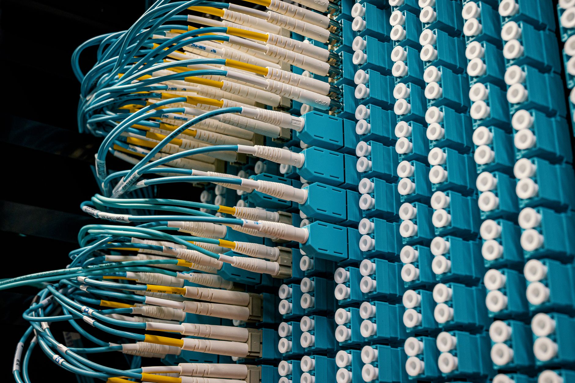 Panel de fibra optica con decenas de cables conectados en un centro de datos, la infraestructura que sostiene la ejecucion de ordenes
