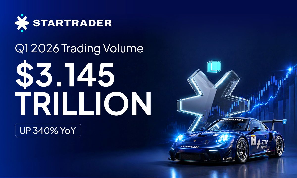 Promoción de Startrader con el texto Q1 2026 Trading Volume $3.145 TRILLION UP 340% YoY y un coche deportivo azul