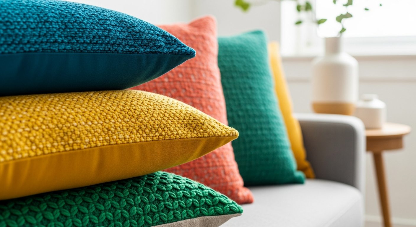 Pila de cuatro cojines de colores azul, amarillo, verde y naranja sobre un sofá gris con plantas de fondo.