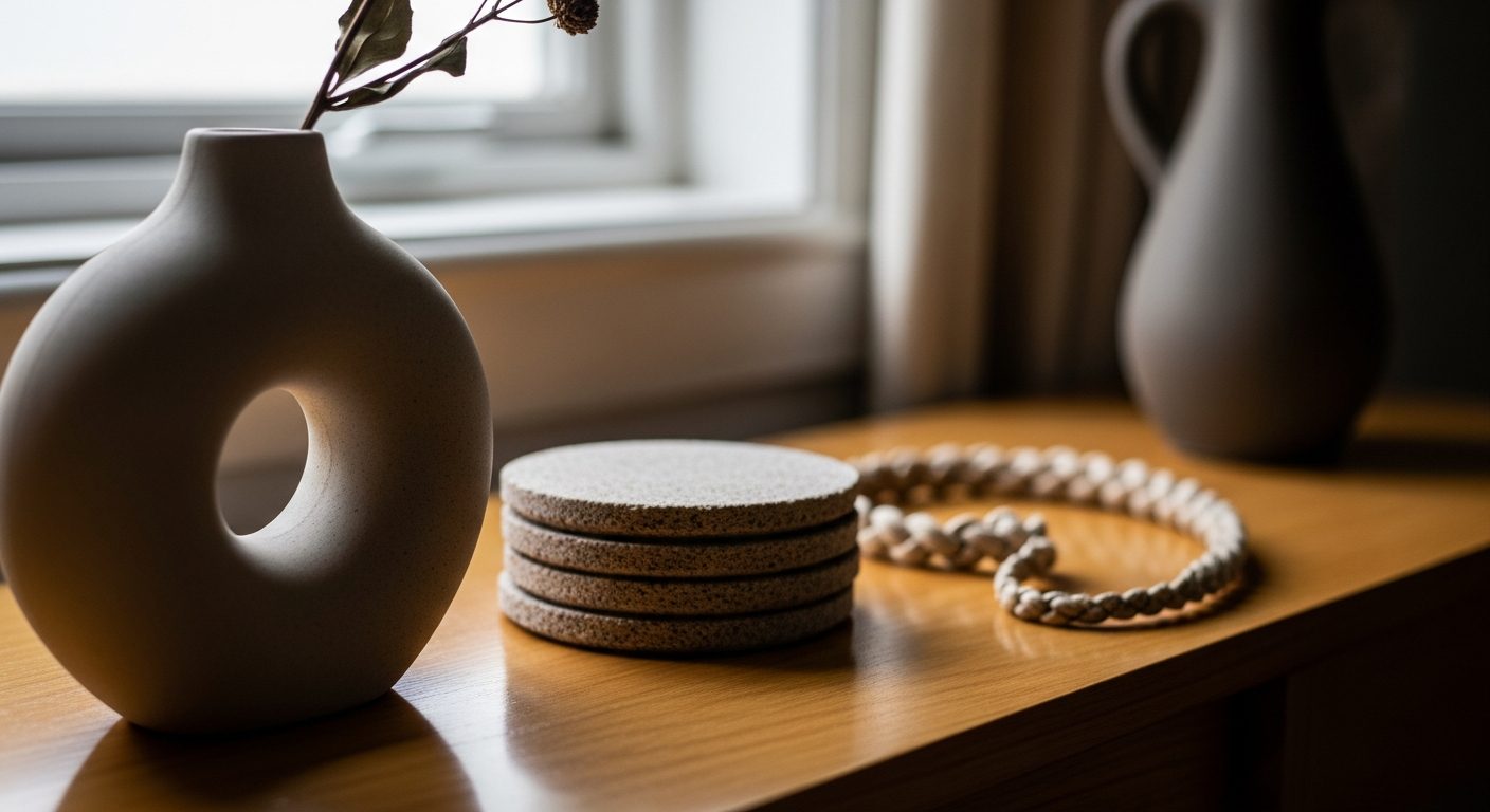 Jarrón con forma de donut, pila de posavasos redondos y un objeto trenzado sobre una mesa de madera.