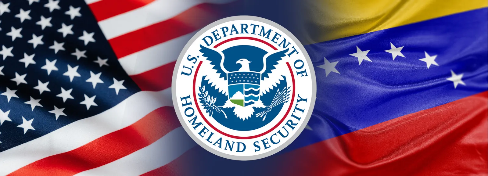 Sello del Departamento de Seguridad Nacional sobre las banderas de Estados Unidos y Venezuela.