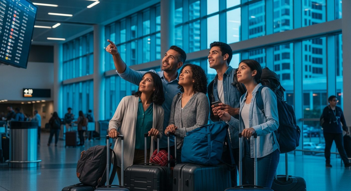 Cinco viajeros con maletas miran una pantalla de información de vuelos mientras un hombre señala, en un aeropuerto moderno