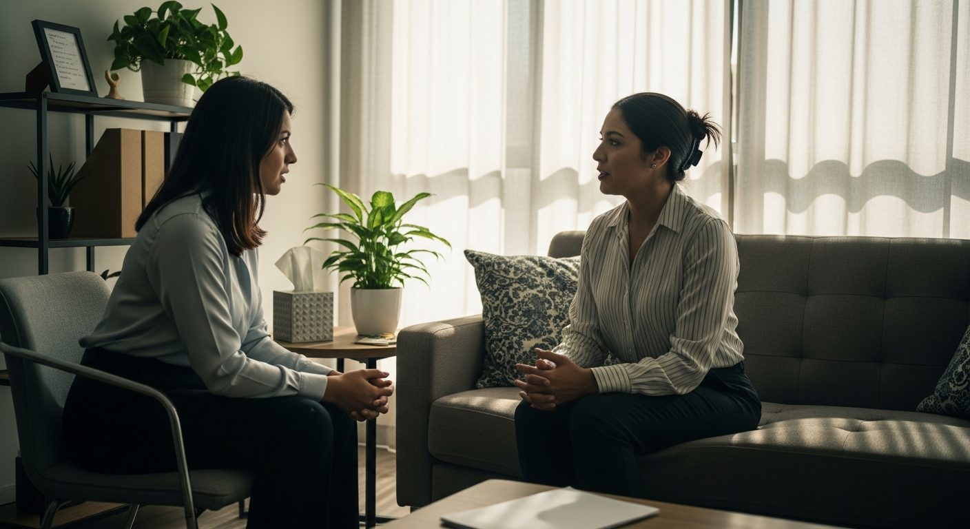 Dos mujeres se miran y conversan en un consultorio o sala de terapia con luz natural